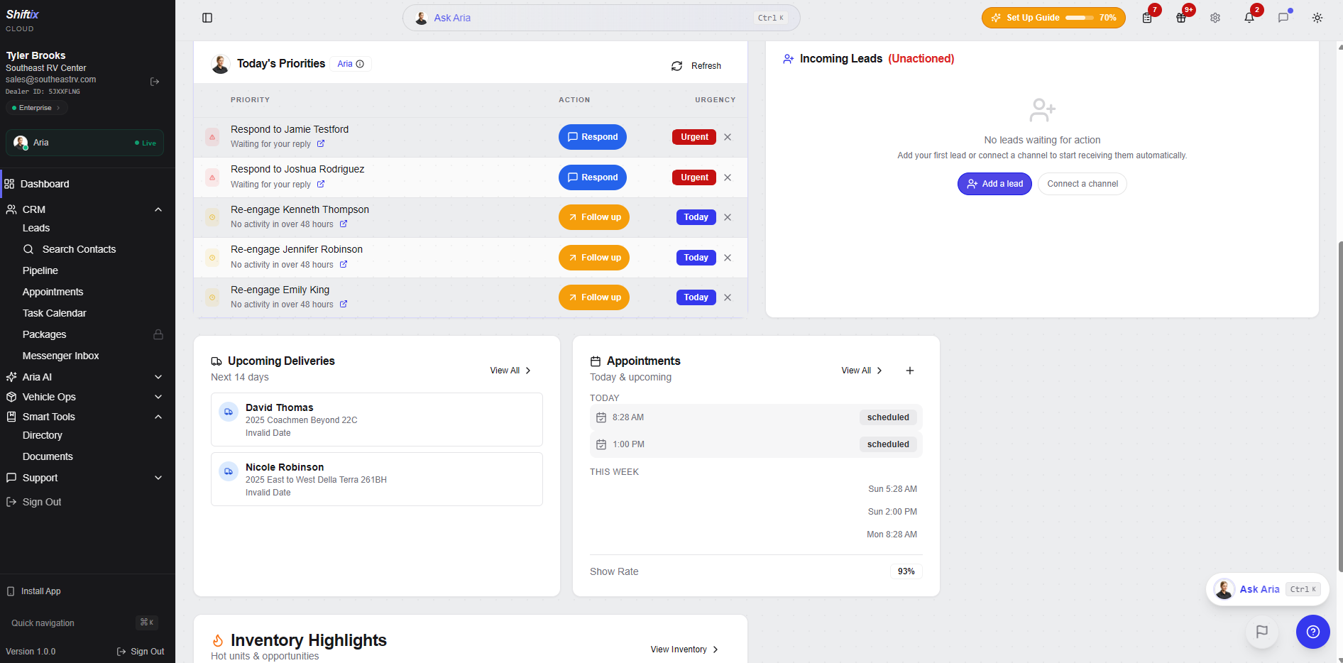 Shiftix Cloud customer operations workspace showing today's priorities and pipeline